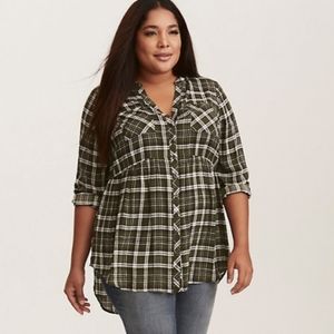Torrid Olive Plaid Baby Doll Top